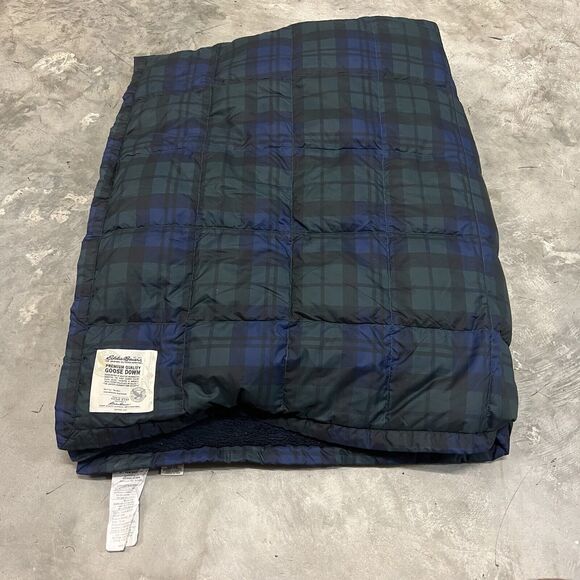 Eddie Bauer Premium Goose Down Throw Blanket Sherpa Blue Green Plaid 52x60 - Picture 1 of 6
